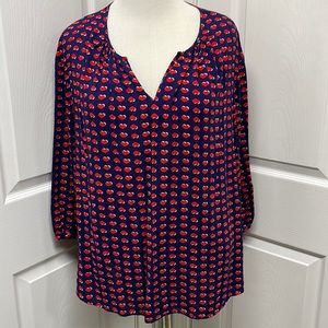 Artisan NY Blue Red Heart V-Neck Blouse EUC